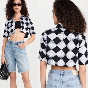 Studio 189 Cotton Cropped Camp Checkered Button Up Shirt In Black White Size S